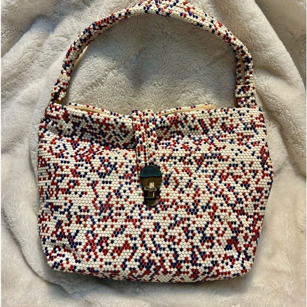 Lumured Vintage Purse Luma Mesh White Red Blue Flat Beaded Bag Bronze Hardware - Picture 14 of 14